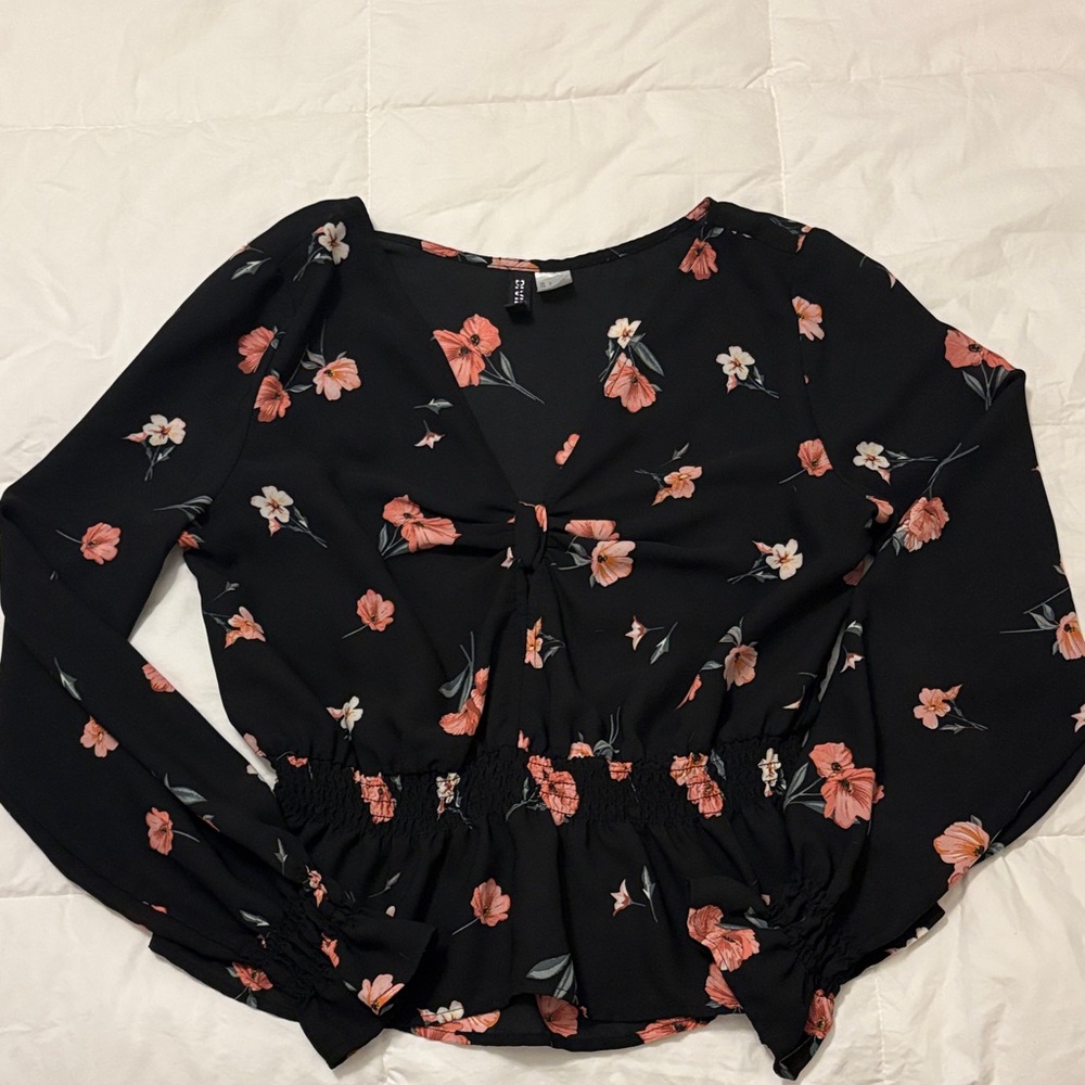 H&M Floral Black Blouse with Pink Flowers
